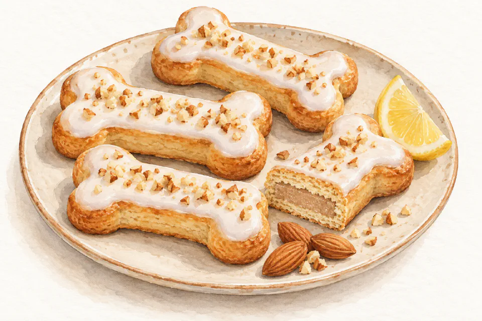 Watercolour illustration of white-iced Maltese bone-shaped pastries with a cut piece showing almond filling.