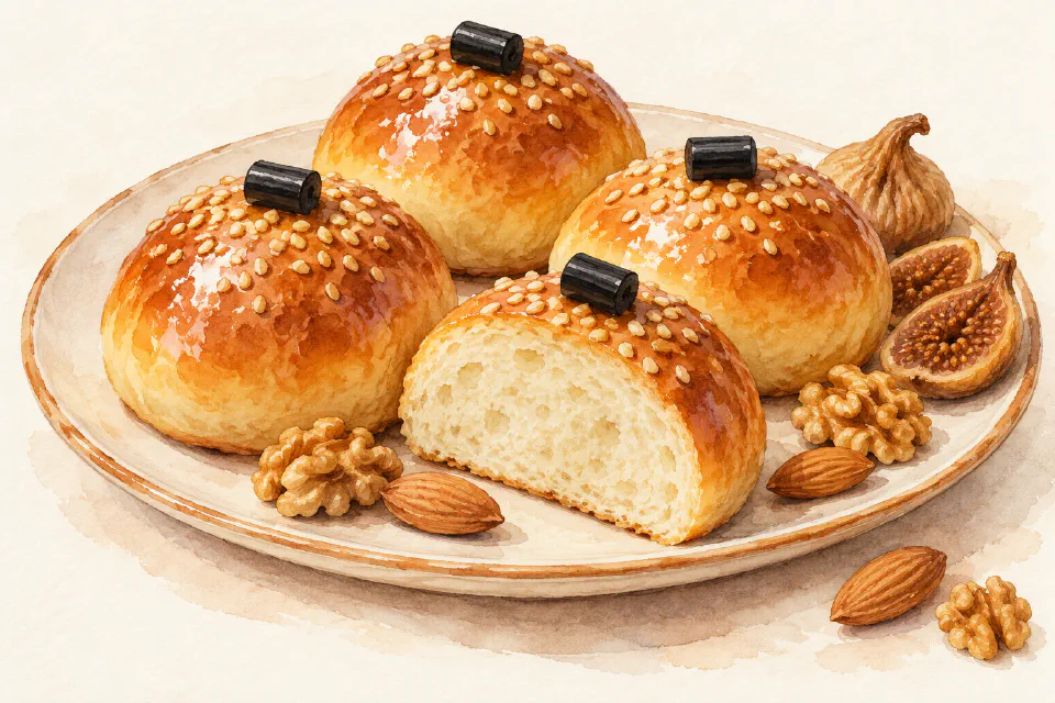Watercolour illustration of glazed St Martin sweet buns with sesame, liquorice sweets, walnuts and dried figs.